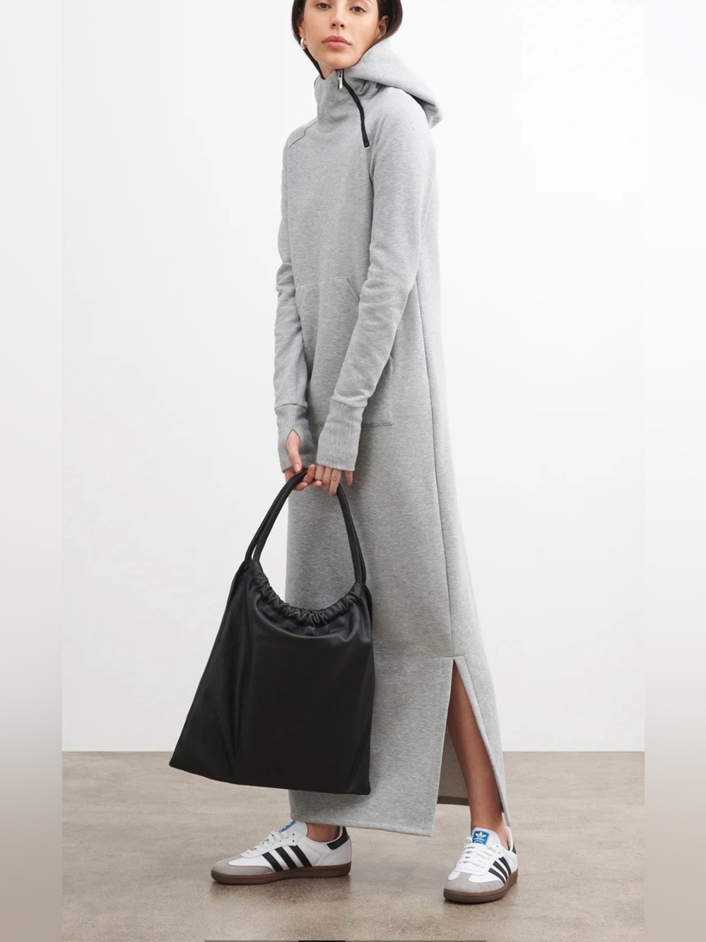 Long Sleeve Hooded Maxi Dress in Light Gray